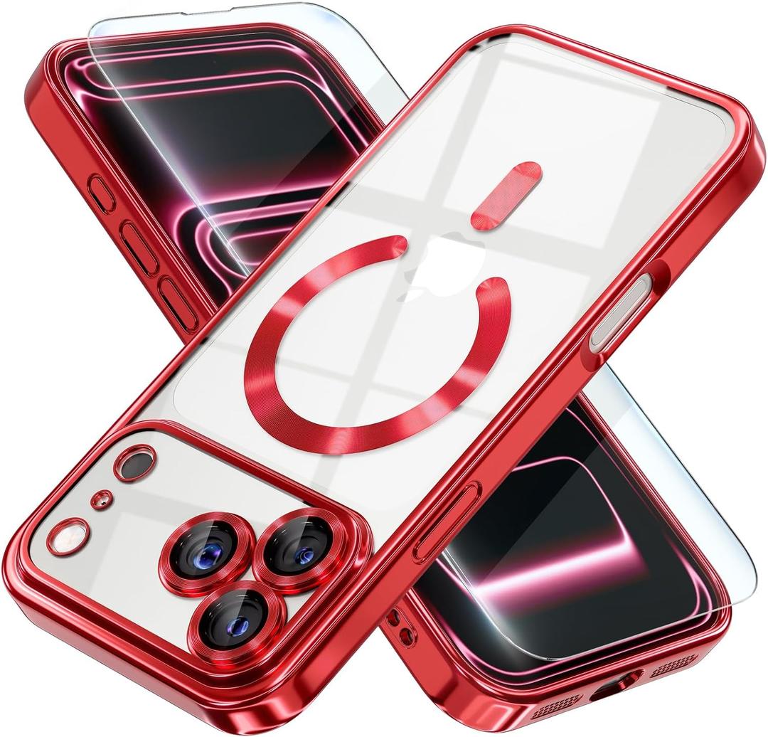 Misea Magnetic for iPhone 17 Pro Case Compatible with MagSafe [Never Yellowing] [Military Grade Drop Protection] Full Camera Lens Protector Plating Soft Clear Phone Case for Women, Red