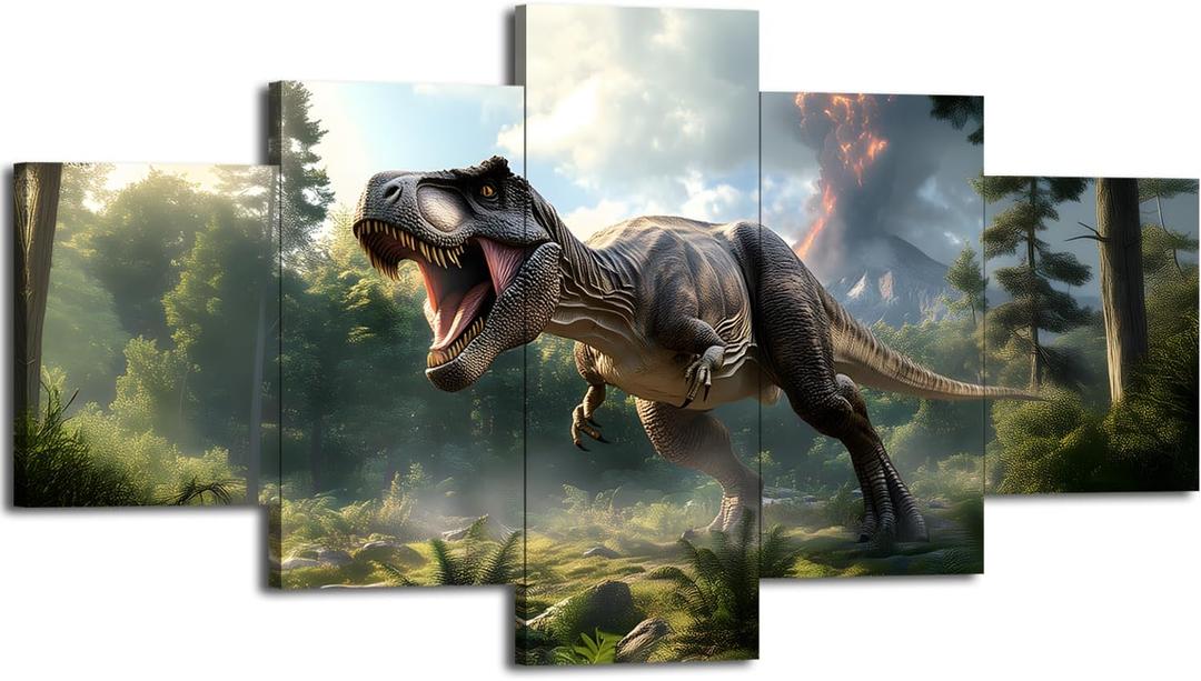 Cawpom Dinosaur Wall Art Roaring T-Rex Wall Decor Tyrannosaurus T Rex Picture Frame Dino Poster Jurassic Canvas Print Prehistoric Forest Painting Home Living Room Decoration(60x32 inches)