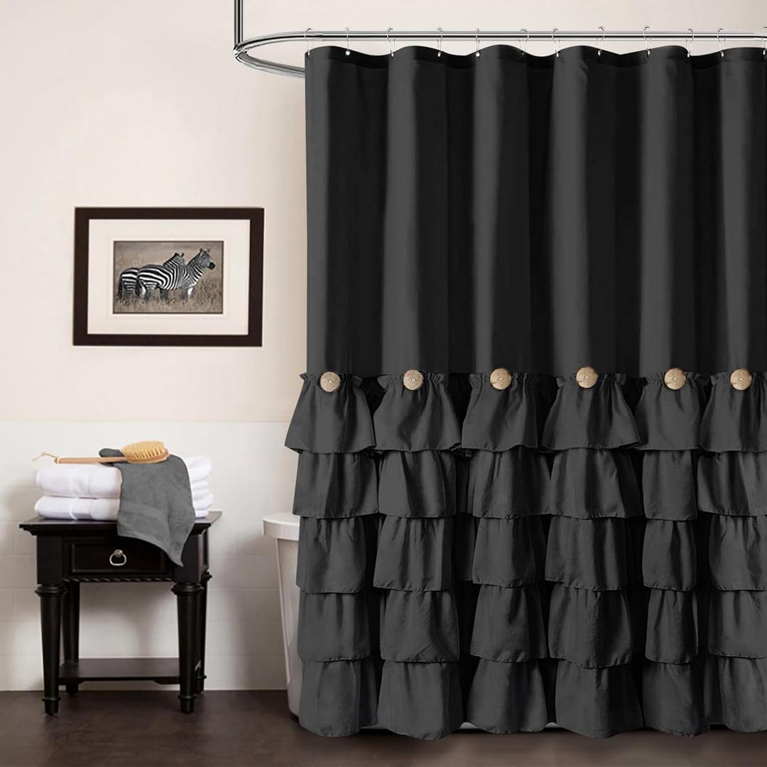 Seasonwood Black Ruffle Shower Curtain Farmhouse Style Black Fabric Shower Curtain Nature Button Chic Ruffles and French Country Style 7278