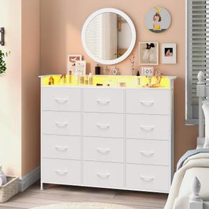 White Dresser with LED Lights and Charging Station for Bedroom 12 Drawers Dressers & Chest of Drawers Tall Dressers for Hallway Entryway Closets Living ROM Sturdy Steel Frame Wood Top, 49.7"D x 18.5"W x 41.7"H