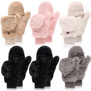 6 Pairs Fur Flip Mittens Women for Winter Warm Soft Half Finger Fingerless Convertible Fuzzy Gloves (Multicolor)