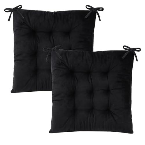 MissSoul Set of 2 Chair Cushions for Dining Chairs with Ties, Indoor Non-Slip Kitchen Chair Pad and Dining Room Seat Cushion Mat for Office Living Room Outdoor 15.5" - Black