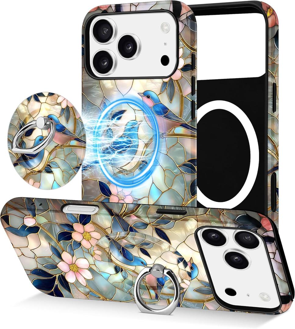 Jusy Compatible with Magsafe Stained Glass Phone Case for iPhone 17 Pro, Cute Aesthetic Magnetic Ring Holder Stand Case, Soft TPU and Hard PC Protective Phone Cover for Women Girls - Bird