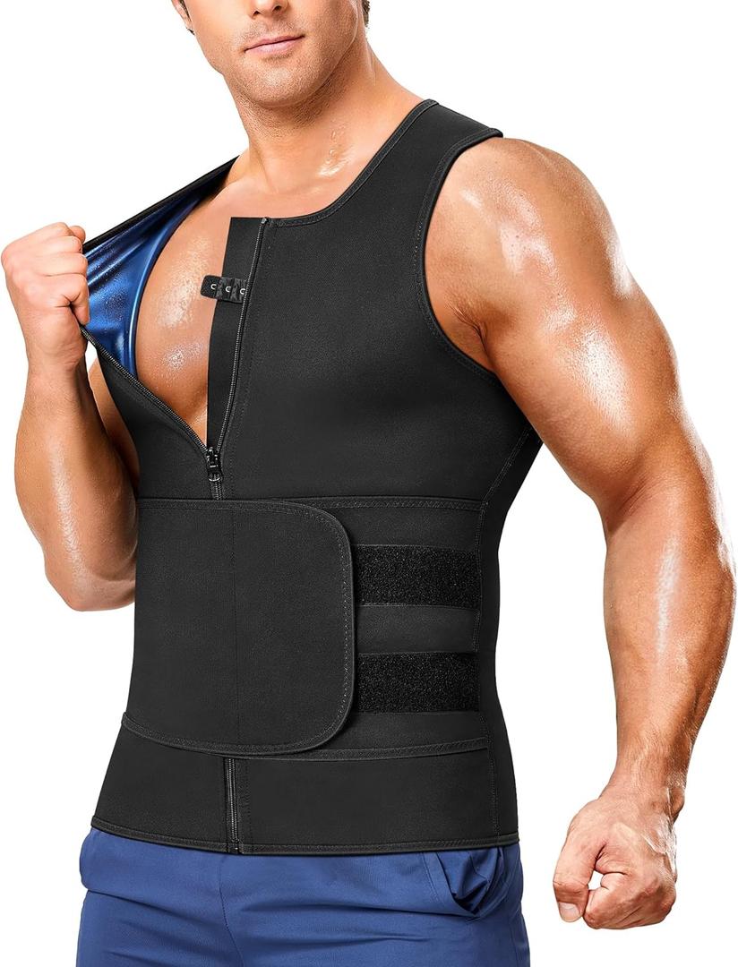 Junlan Sauna Suit for Men 2 in 1 Waist Trainer Sauna Shirt for Men Sweat Band for Stomach (Large, Blue)