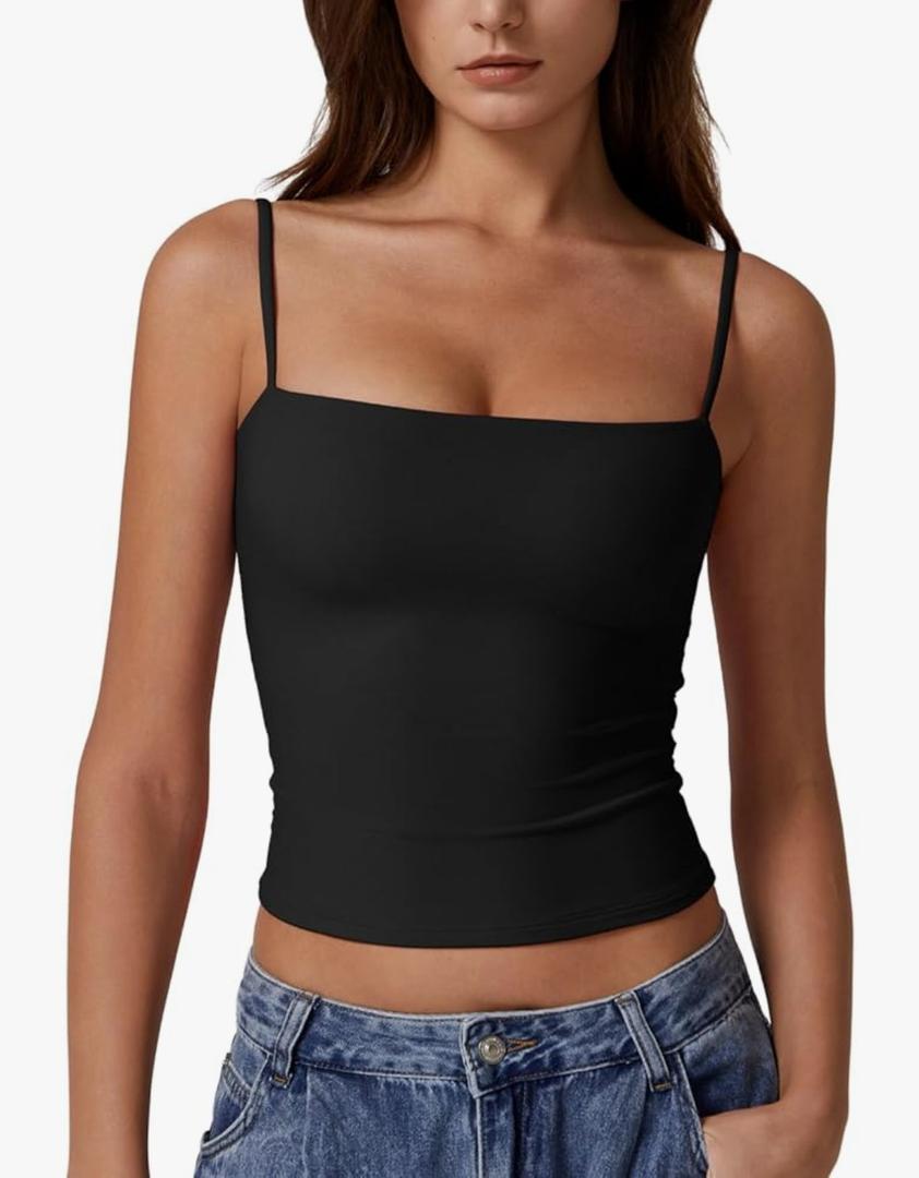 QINSEN Women's Double Lined Basic Tank Top Adjustable Spaghetti Straps Sleeveless Camisole Shirts, Small