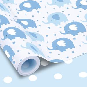 Woric Reversible Baby Shower Wrapping Paper Roll 17 Inch x 33 Feet Blue Elephant Design Gift Wrapping Paper for Baby Shower, New Baby, Boy's 1st Birthday, Celebration