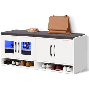 Shoe Bench with Thickened Cushion,Entrance Bench with Glass Door and Ambient Light,Three-Layer Shoe Rack,Color Changing Light Strip, Two Large Storage Spaces,Living Room,Bedroom,White