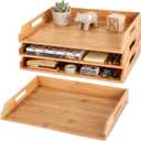AceOrbit 2Pcs Stackable Paper Tray Bamboo Wood Desk Organizer Letter Tray 3 Tier Wooden File Organizer Desk Shelf for Documents, Letter Sorter, Envelopes and Magazine Holder