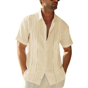 Runcati Men's Short Sleeve Guayabera Shirts Linen Cotton Button Down Mexican Embroidered Cuban Wedding Shirt Summer Beach Tops, XL (04 Beige)
