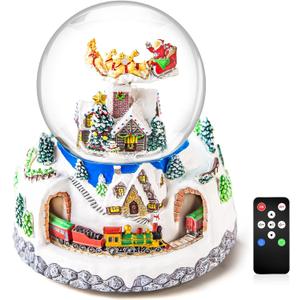 Musical Rotating Santa Claus Flying Over Village,Automatic Snowfall,Train, Christmas Snow Globe Music Box Gifts, for Women Wife Mom Girlfriend Daughter, Xmas Present,Plays 48 Classic Christmas Carols