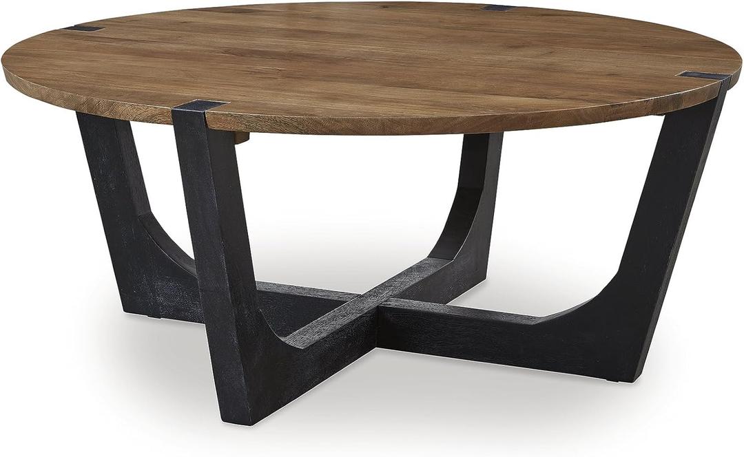 Signature Design by Ashley Hanneforth Farmhouse Coffee Table with Angled Solid Wood Legs, Light Brown & Black