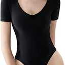 PUMIEY Women's V Neck Short Sleeve Bodysuit Sexy Tops Sharp Collection, XL