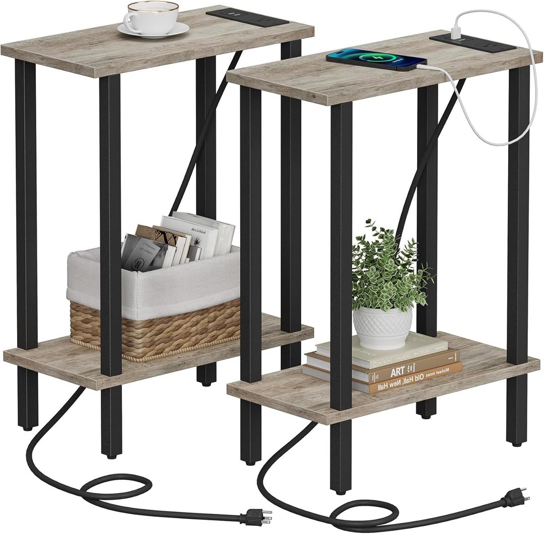 TUTOTAK Small End Table with Charging Station, Narrow Side Table with USB Ports and Outlets, Set of 2, Skinny Sofa Table, Slim Nightstand, Living Room, Bed Room, Greige TB01BG0602 (2-Tier7.9"D x 15.8"W x 22.5"H)