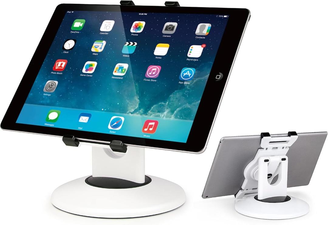EHO iPad Stand, 360 Rotating Commercial Tablet Stand, Retail Kiosk, 6"-13"(Screen) Adapter Universal Tablet Clamp Holder for iPad, iPadAir, iPadMini, Microsoft Surface, Most Tablets - White