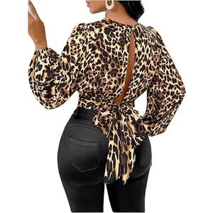 SweatyRocks Women's Leopard Print Crop Tops Cut Out Tie Back Bishop Long Sleeve Blouse M