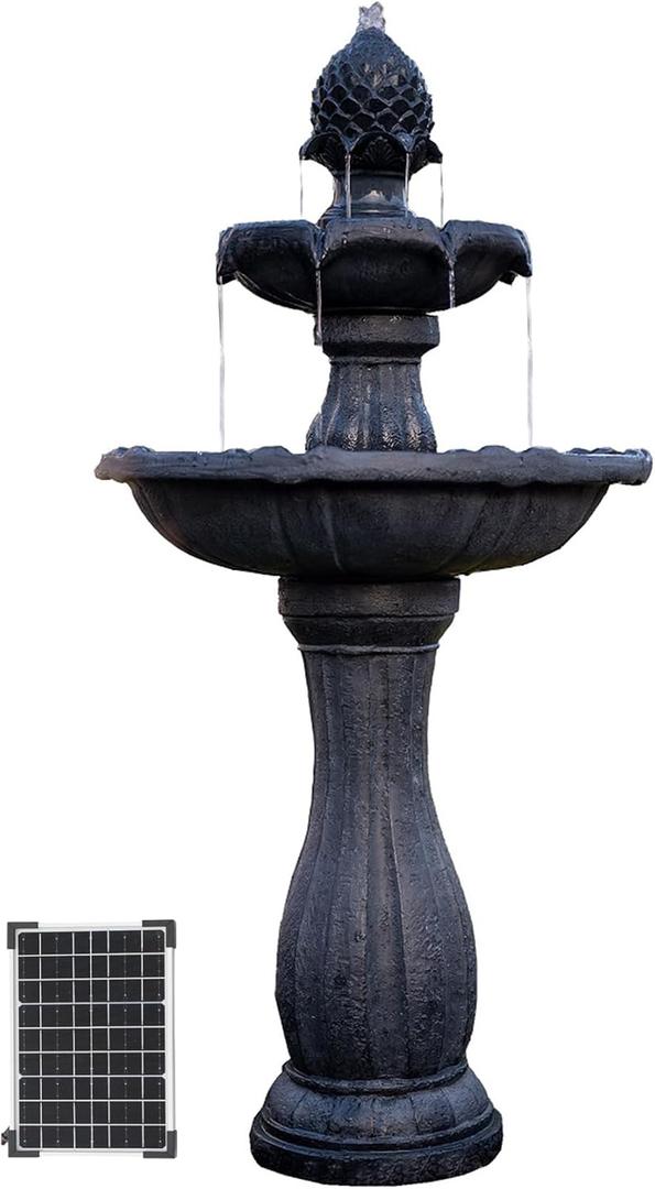 XBrand 44" Solar Powered 2-Tier Outdoor Water Fountain, Fiberglass Resin Fountain with Solar Panel and Auto Shut-Off Pump, Black