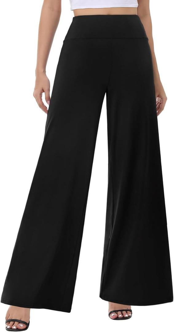 ZOOSIXX Wide Leg Palazzo Pants for Women - High Waist Casual Beach Lounge Pants Loose Flowy Pants Stretchy Trousers (Black, L)