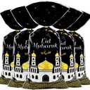 Eid Mubarak Goodie Bags, 100 Pieces Muslim Castle Moon Star Pattern Ramadan Treat Bags Cellophane Bags Goody Favor Bags with Gold Twist Ties for Muslim Islamic Eid Iftar Diwali Party Kids Gifts - (Black)