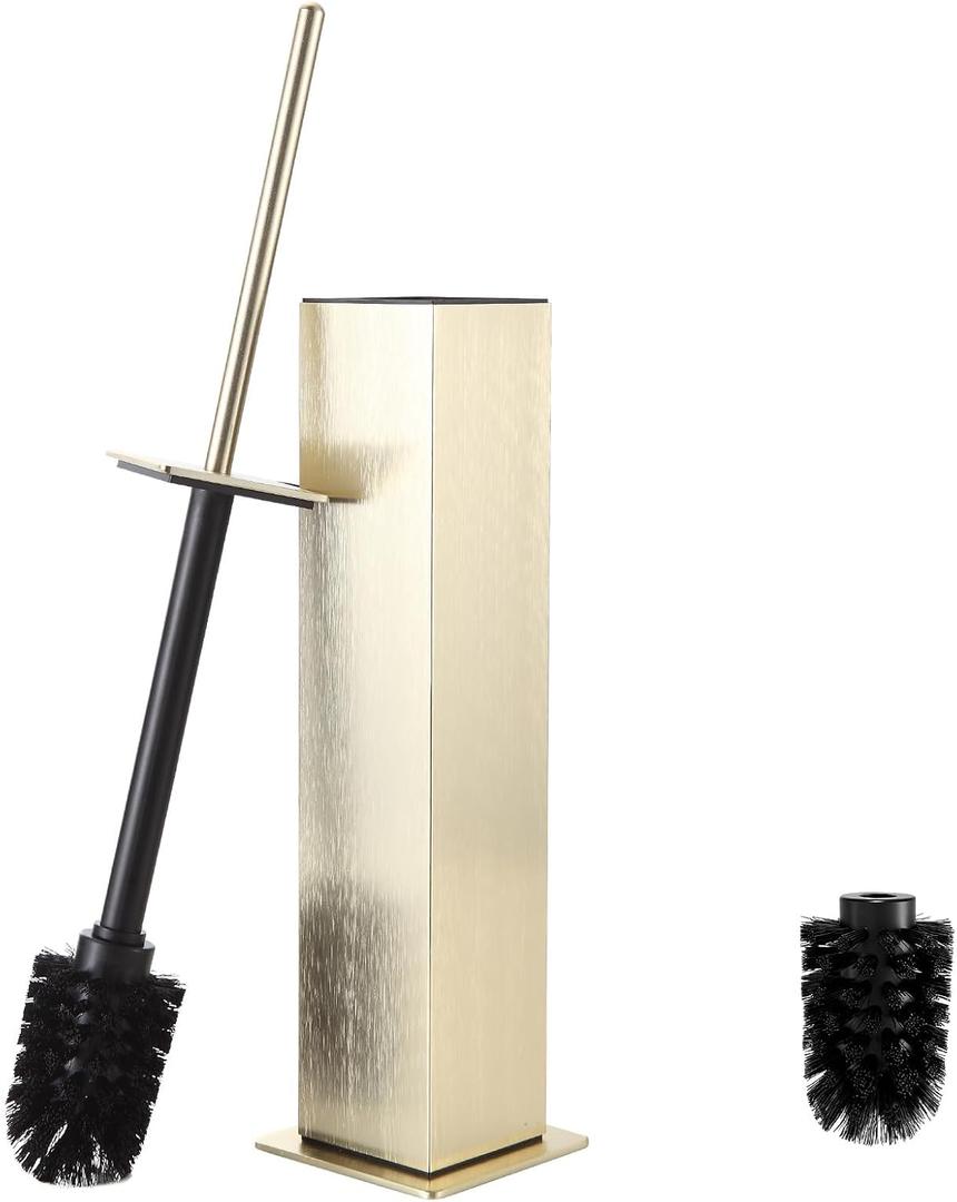 Toilet Brush and Holder Floor Standing, Brushed Gold with 2 Replaceable Heads, Bathroom Toilet Brush, Freestanding Toilet Bowl Brush with Removable Liner and Splash Guard