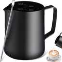 Milk Frothing Pitcher, 12OZ/350ML Stainless Steel Espresso Steaming Pitcher Coffee Milk Frother Cup with Decorating Art Pen for Espresso Machine, Milk Frother, Latte Art Black
