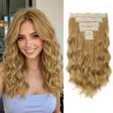 KooKaStyle Short Hair Extensions 6PCS 14 Inch Wavy Curly Hairpieces Synthetic Soft Lace Weft Clip in Hair Extensions-Warm Honey Blonde for Women