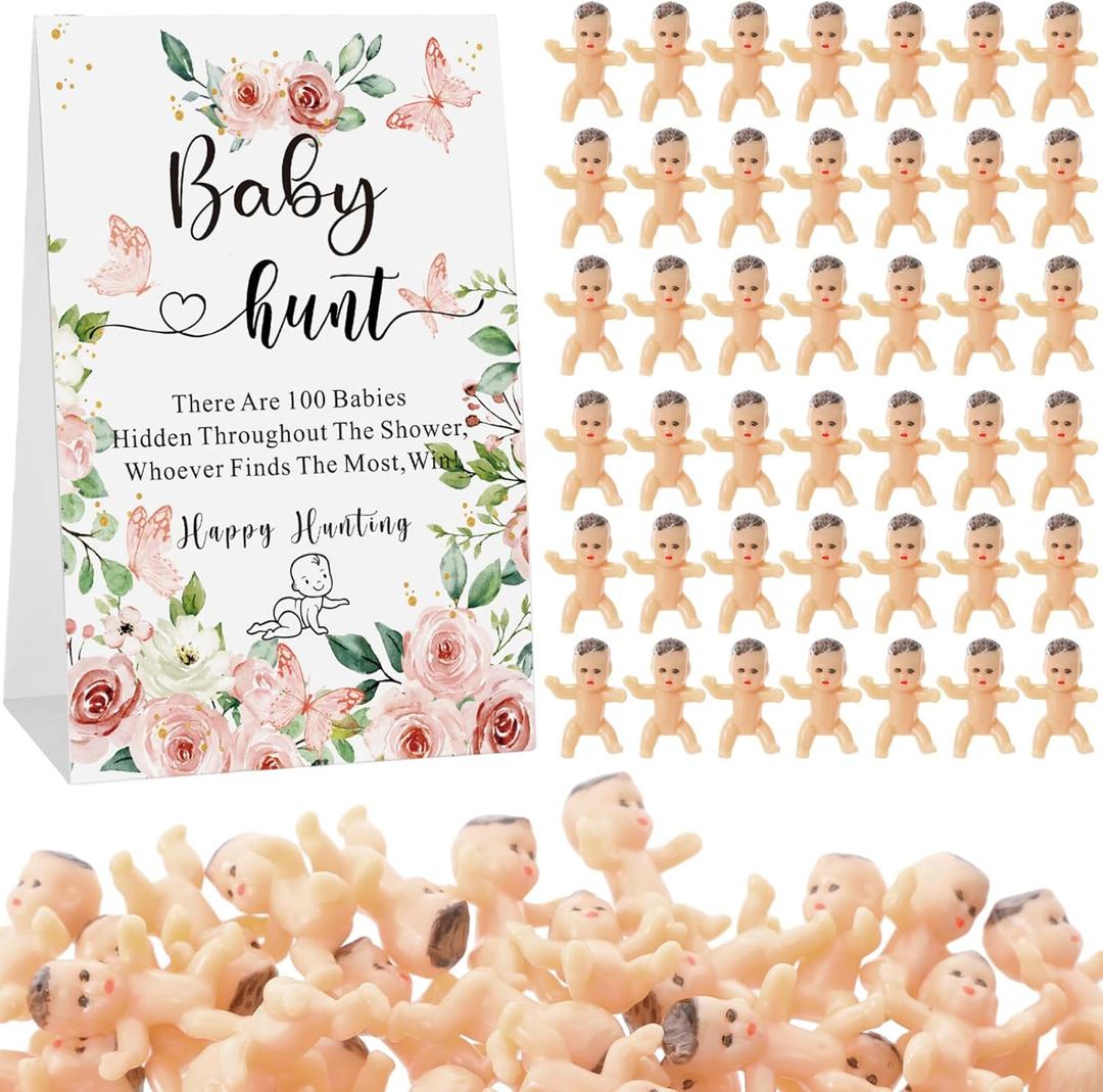 101 Pcs Baby Shower Games Include Paperboard Baby Hunt Sign 100 Mini Plastic Babies Tabletop Sign Tiny Babies Funny Prizes for Gender Reveal Party Favors(Pink,Flowers)