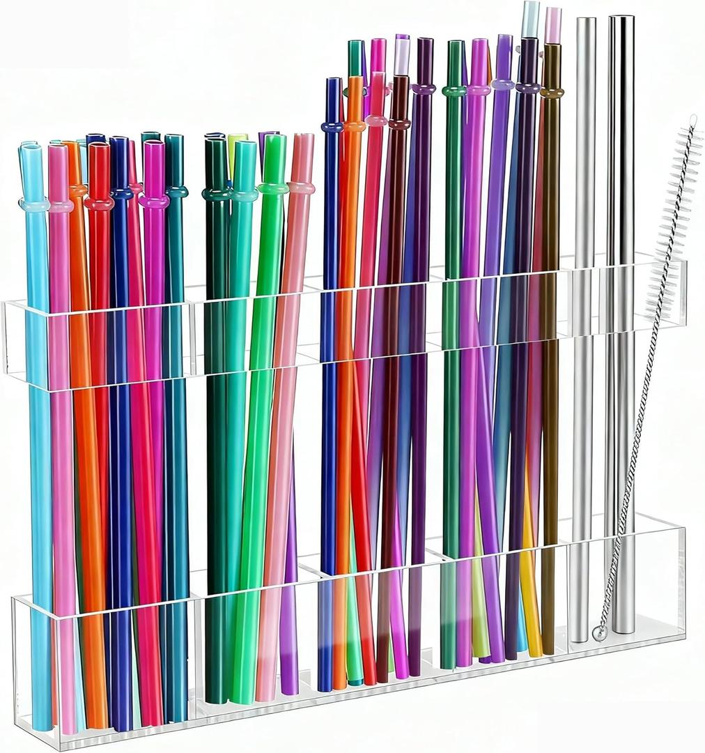 Acrylic Straw Holder with Double Sided Adhesive Tape Reusable Tumbler Straw Organizer Storage Container for Counter Cabinet Cupboard Kitchen(Transparent,Large)