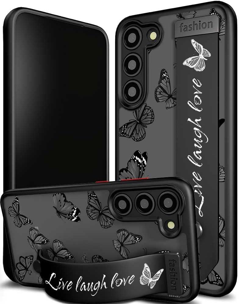 Compatible for Samsung Galaxy S24 Case Cute with Strap Stand Finger Kickstand, Designer Cool Silicone Cases Funda Cover - Black Butterfly Butterflies
