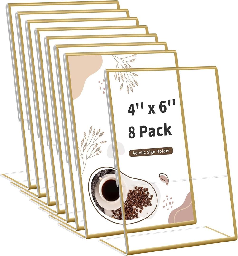 Smarpau 8 Pack Gold Acrylic Sign Holder 4x6 Gold Picture Frames Double Sided Acrylic Sign Holder with Table Menu Holders for Wedding Party Photos Art Display Smarpau 8 Pack Gold Acrylic Sign Holder 4x6 Gold Picture Frames Double Sided Acrylic Sign Holder with Table Menu Holders for Wedding Party Photos Art Display