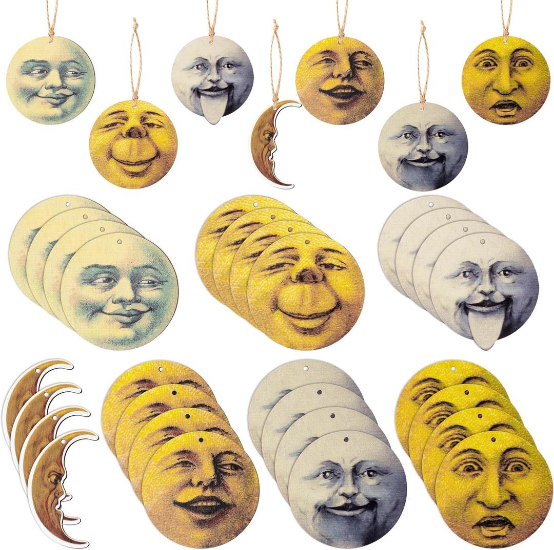 Feuid Gniea Christmas Wood Ornament Set - 29Pcs Christmas Party Vintage Man in the Moon Hanging Decor with Ropes for Xmas Trees, Gothic Home and Party Decorations Birthday Gift(3.15 Inch Wood Cutouts)