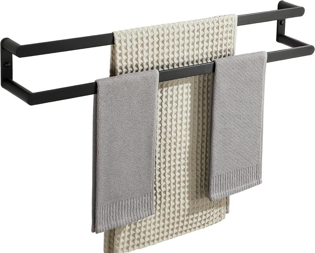 SAYAYO Double Towel Bar for Bathroom Wall Heavy Duty, 2 Tier 32 Inch Black Bath Towel Rack Towel Holder Thicken