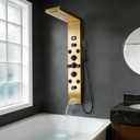 POPFLY LED Rainfall Waterfall Shower Panel Tower System, 4 Body Jets and 4 Mist Spray, 3-Function Handheld Shower, Stainless Steel Shower Tower with Temp Display, Brushed Gold