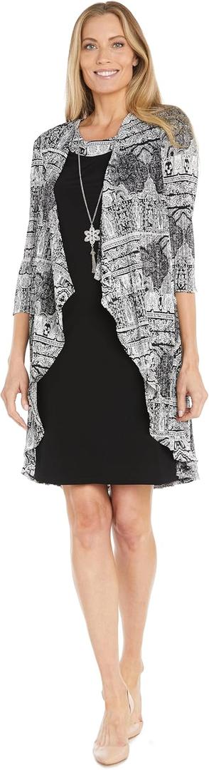 R&M Richards 2PC Pleated Printed Flyaway Jacket W/Solid Tank Dress (8, Black/White)