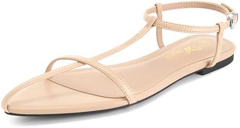 Athlefit Flat Sandals for Women Comfortable Buckle Strappy Sandals Pointed Open Toe Ankle Strap Sandals, Size 6