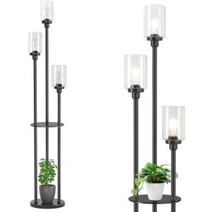 addlon Floor Lamps for Living Room with Seeded Glass Shades, 3-Lights Standing lamp with Shelves, Farmhouse Tall Floor Lamp Modern lamp for Bedroom, Office - Black