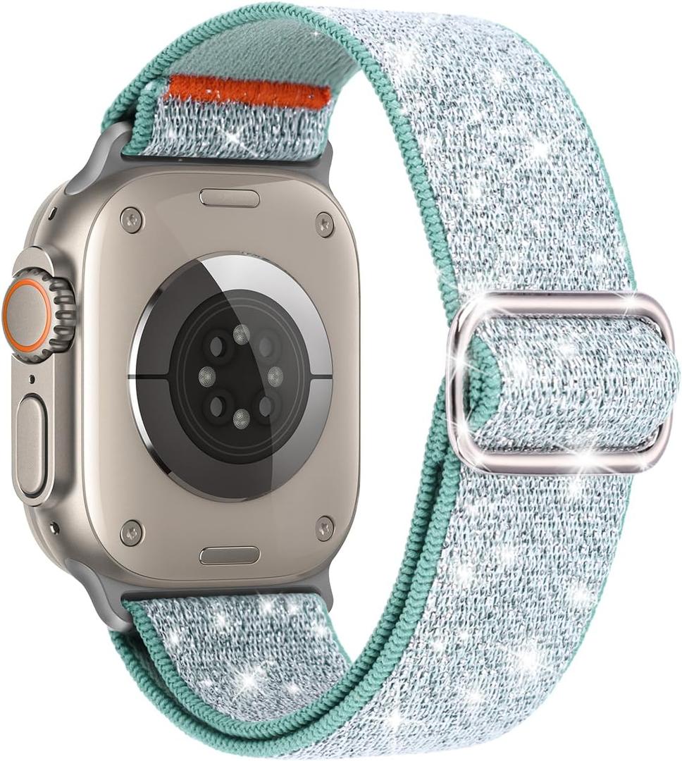 Bling Stretchy Nylon Band Compatible with Apple Watch Ultra 2 Band Women, 24mm Wide Sparkly Glitter Solo Loop Strap for iWatch 49mm 46mm 45mm 44mm Girl Shiny Elastic Wristband