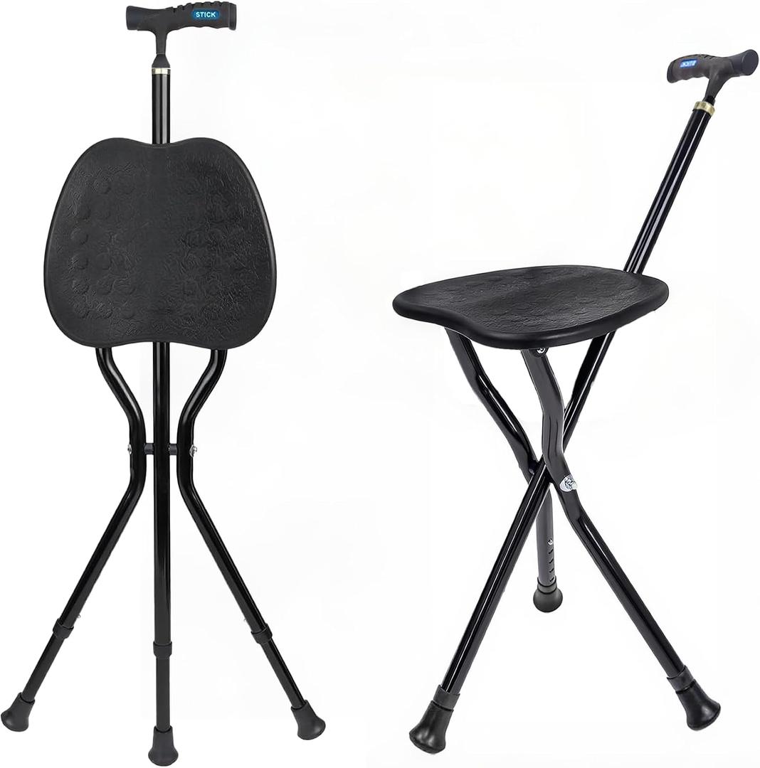 UNLICON-Brown Folding Cane Stool with Seat Lightweight Adjustable Walking Cane for Seniors, Ergonomic Design, 330 lbs Capacity, Portable and Convenient Cane Chair with Anti-Slip Feet