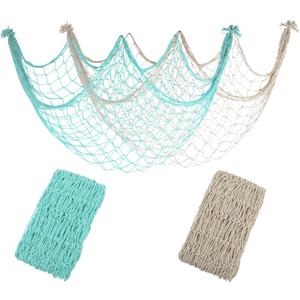 2 Pack Decoractive Fishing Net 80x40 Inch, 3mm Thickness Light Blue+Beige Natural Cotton Large Picture Wall Hanging Fish Net, Party Decorations Fishnet for Nautical Pirate Beach Mermaid Themed Party
