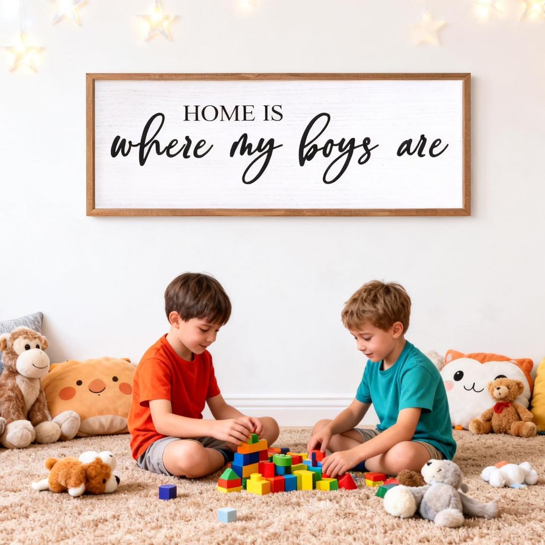 Home Is Where My Boys Are Wall Art: 40 x 15 Inch Rustic Horizontal Framed Sign, Mom of Boys Decor, Boy Room Wall Decor
