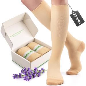 Compression Socks for Women Men 2030mmHg, 2 Pairs Thick Knit Compression Stockings for Travel, Nurses, Daily Wear, Improve Circulation & Leg Support (XX-Large, Light khaki+ Floral)