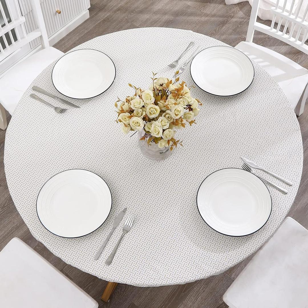 Round Vinyl Fitted Tablecloth with Flannel Backing Elastic Edge Design Table Cover Waterproof Oil-Proof PVC Table Cloth Stain-Resistant Wipeable for Round Table (Large Round Fits Table up 45"-56" Diameter, Weaving)