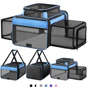 Top and 2 Sides Expandable Pet Carrier 17x11x9.5, TSA Airline Approved Small Dog Carriers for Small Dogs, Soft-Sided Cat Carrier with Self-Locking Zippers for Kitten,Rabbit, Puppy, Guinea Pig Blue