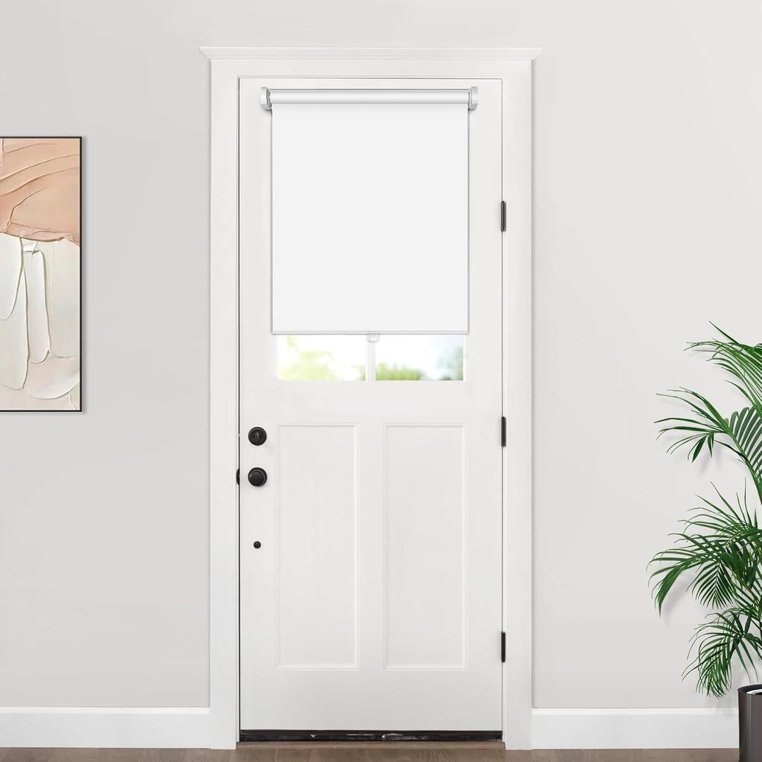 LazBlinds 100% Blackout Door Blinds, No Drill Cordless Roll Up French Door Blinds, Thermal Insulated Light Blocking Shades for Front Door, 18.2'' W x 24'' L Fabric Coverage, White, 1Pcs