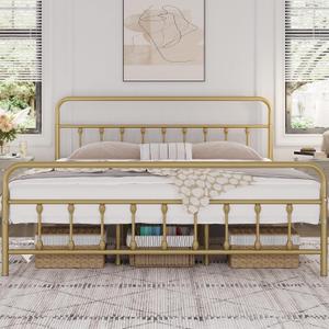 Yaheetech Classic Metal Platform Bed Frame Mattress Foundation with Victorian Style Iron-Art Headboard/Footboard/Under Bed Storage/No Box Spring Needed/King Size Antique Gold