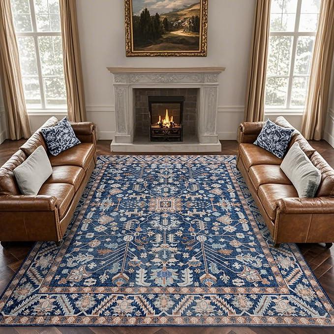8'x10' Area Rugs Washable: Oriental Soft Area Rug for Living Room Bedroom No Shedding - Low Pile Thin Carpet Rug for Dining Room Non Slip - Boho Vintage Rug for Home Decor - Navy Blue