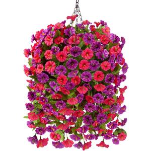 Homsunny Artificial Faux Hanging Flowers Plants Baskets for Outdoor Spring Summer Decorations,Resistant Fake Morning Glory Silk Plants for Outside UV Resistant Patio Yard Home Porch Decor(Red Purple)