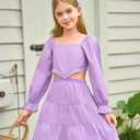 Haloumoning Girls Dresses Long Sleeve Square Neck Crossover Waist Casual A-Line Spring Fall Dress 5-14Y (S)