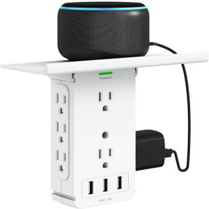 Power Charger Shelf-CFMASTER 11 Port Surge Protector Wall Outlet, 8 Electrical Outlet Extenders and 3 USB Ports 3.4A, with Removable Built-in Shelf and LED Indicator, FCC Listed, White