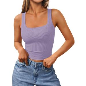 Trendy Queen Women's Summer Square Neck Tank Tops Workout Cropped Ribbed Summer Camisole Sleeveless Clothes 2025 (Purple), S