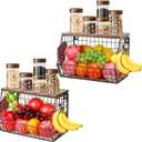 Livabber Fruit Basket for Kitchen, Metal Fruit Vegetable Storage Bin with 2 Banana Hangers, Countertop Wire Basket Organizer for Snack Potato Onion, Screw Mounted or Stand (Black, 2 Pack)